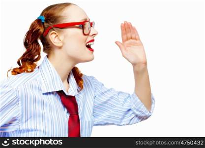 Teenager girl screaming. Image of pretty teenager girl in red glasses screaming