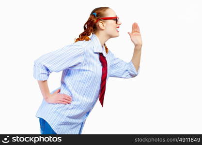 Teenager girl screaming. Image of pretty teenager girl in red glasses screaming