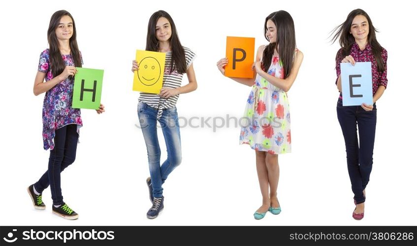 Teenager girl showing the text hope on paper