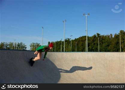 Teenager girl wearing roller blades enjoying extreme sports event. Youth culture, sport and hobby recreation. Teenager girl wearing roller blades enjoying extreme sports event