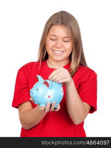 Teenager girl with a moneybox isolated on white background