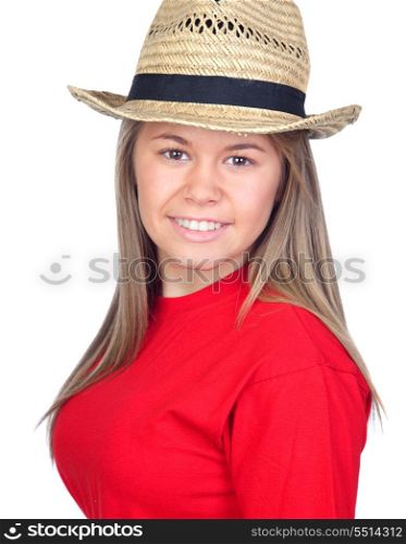 Teenager girl with a straw hat isolated on white background