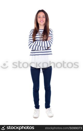 Teenager girl with striped t-shirt and her arms crossed isolated on a white background