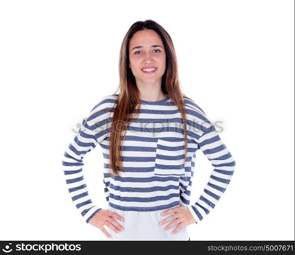 Teenager girl with striped t-shirt and her hands on waist isolated on a white background