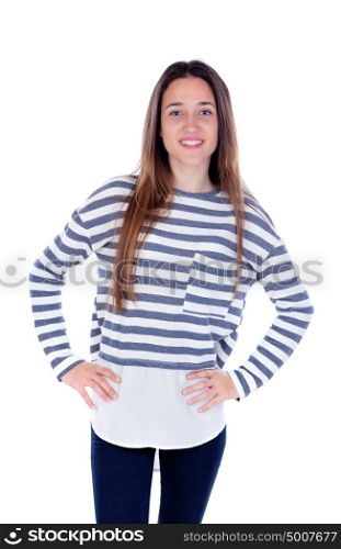 Teenager girl with striped t-shirt and her hands on waist isolated on a white background