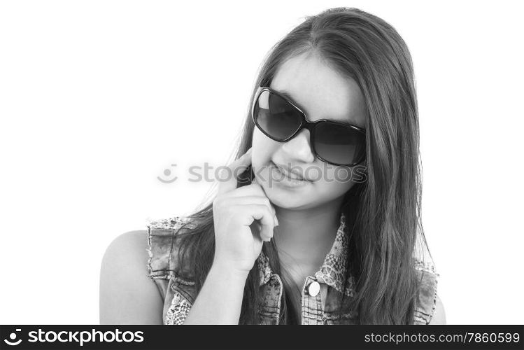 teenager girl with sun glasses on white background