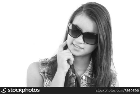 teenager girl with sun glasses on white background