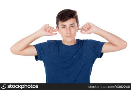 Teenager guy covering his ears isolated on a white background