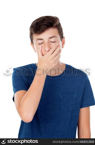 Teenager guy covering the mouth and with eyes closed isolated on a white background