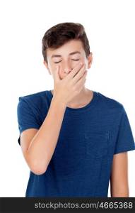 Teenager guy covering the mouth and with eyes closed isolated on a white background