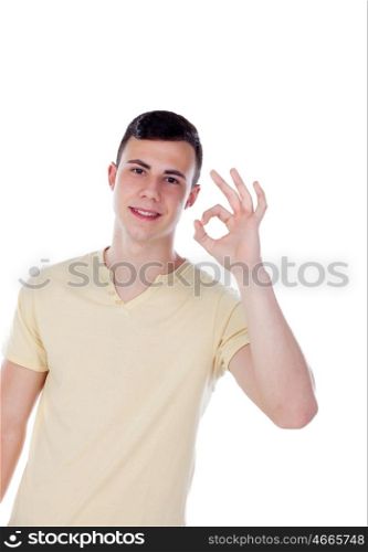 Teenager guy saying Ok isolated on a white background