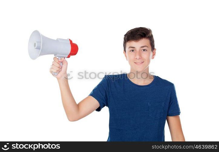 Teenager guy with a megaphone isolated on a white background