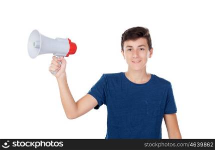 Teenager guy with a megaphone isolated on a white background