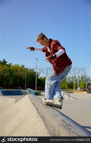 Teenager guy with roller skates performing tricks outdoors. Inline skating exercise and extreme sports practice. Teenager guy with roller skates performing tricks outdoors
