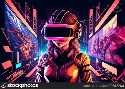 Teenager having fun play VR virtual reality goggle. Illustration Generative AI