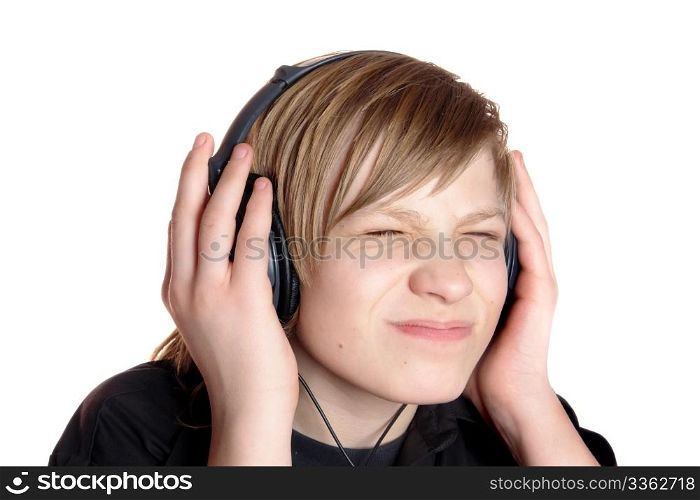 teenager in earphone listens music