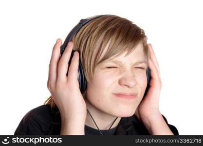teenager in earphone listens music