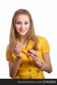 teenager in yellow dress with gift box