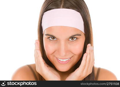 Teenager problem skin care - young woman on white background