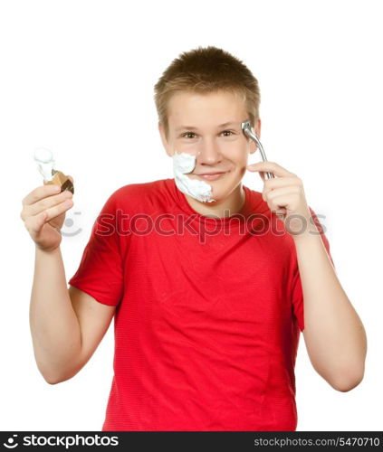 teenager the first time tries to have a shave and is confused.