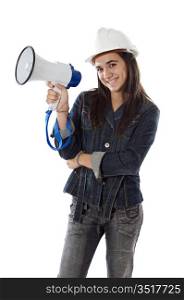 Teenager with a megaphone over white background