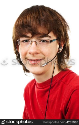 teenager with glasses on a white background