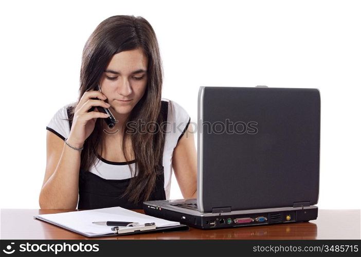 Teenager with phone and laptop studding on a over white background