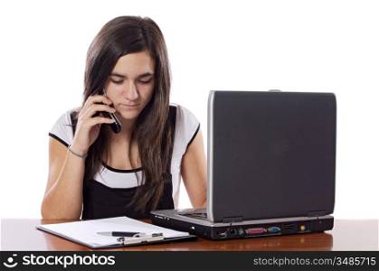 Teenager with phone and laptop studding on a over white background