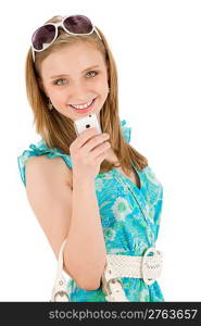 Teenager woman with mobile phone wear summer dress