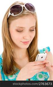 Teenager woman with mobile phone wear summer dress