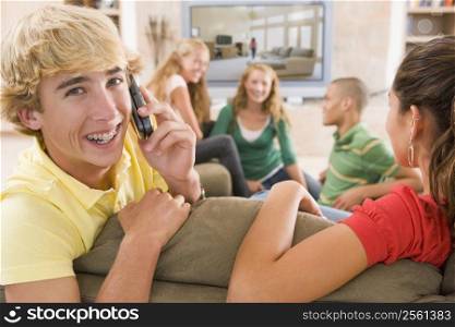 Teenagers Hanging Out In Front Of Television Using Mobile Phones