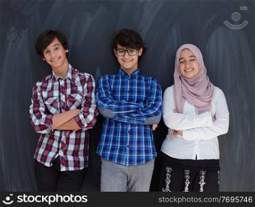 teens portrait arab family , ,iddle eastern students team against black chalkboard