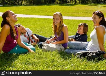 Teens sitting on lawn in park talking friends happy leisure