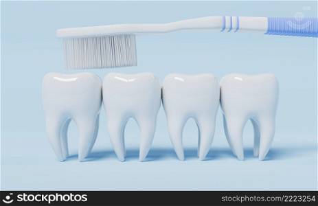 Teeth brushing by toothbrush on blue background. Health care and medical concept. 3D illustration rendering