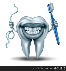 Teeth cleaning character holding a toothbrush and a string of floss with a wide laughing smile on the human molar tooth as a dental and dentistry hygiene symbol.