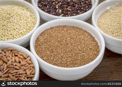 teff and other gluten free grains (amaranth, millet, quinoa, brown rice) in small ceramic bowls