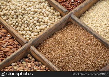 teff and other gluten free grains in a wooden rustic box