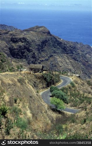 teh Mountairoad near the town of Ribeira Grande on the Island of Santo Antao in Cape Berde in the Atlantic Ocean in Africa.. AFRICA CAPE VERDE SANTO ANTAO