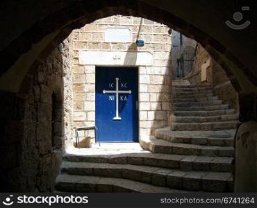 Tel Aviv-Jaffa-orthodox. Tel Aviv-Jaffa, door with the greek-orthodox cross