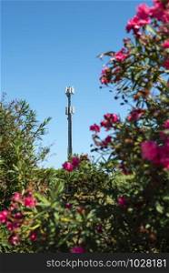 Telecommunication 5G transmitters. GSM antenna on blue sky. Antenna in the nature. New 5G technology concept. Green foliage and trees.