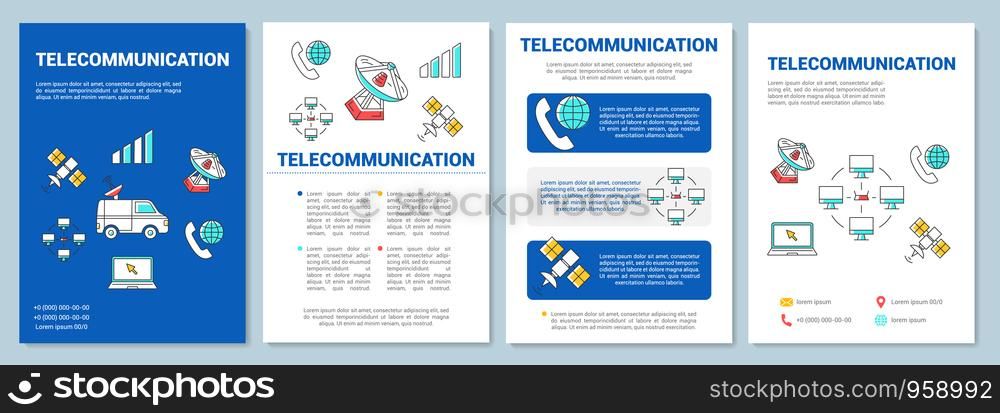 Telecommunication industry template layout. Flyer, booklet, leaflet print design with linear illustrations. Media broadcast. Vector page layouts for magazines, annual reports, advertising posters