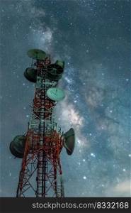 Telecommunication station at night with Milky Way background, Transmission towers.  . Telecommunication. 