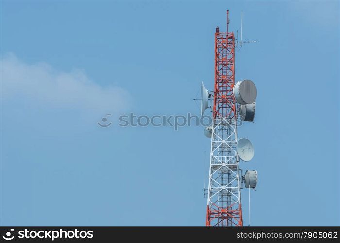 Telecommunication tower structure with blue sky background