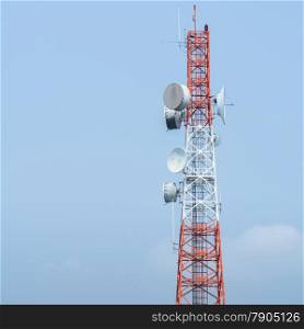 Telecommunication tower structure with blue sky background