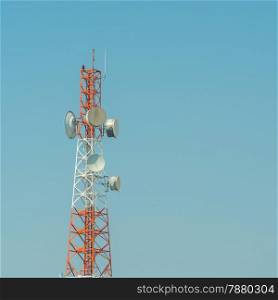 Telecommunication tower using to transmit television signals with a blue sky background
