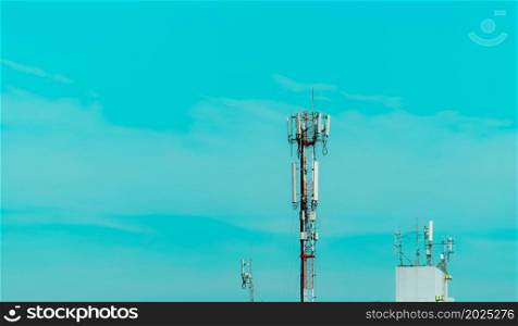 Telecommunication tower with blue sky. Antenna on blue sky. Radio and satellite pole. Communication technology. Telecommunication industry. Mobile or telecom 4g network.