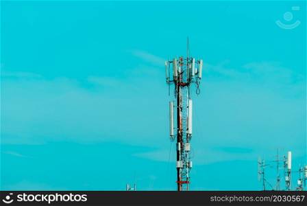 Telecommunication tower with blue sky background. Radio and satellite pole. Communication technology. Telecommunication industry business. Mobile or telecom 4g and 5g network. Telecommunication pylon.