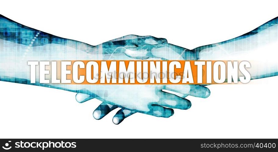 Telecommunications Concept with Businessmen Handshake on White Background. Telecommunications