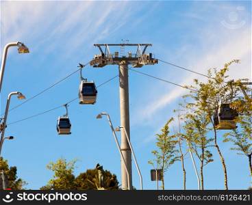 teleferics (overhead cable cars) over Barcelona, Spain. Cable way at Monjuic hill