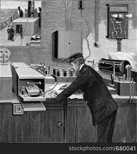 Telegraph station on board ship for wireless telegraphy, vintage engraved illustration. From the Universe and Humanity, 1910.